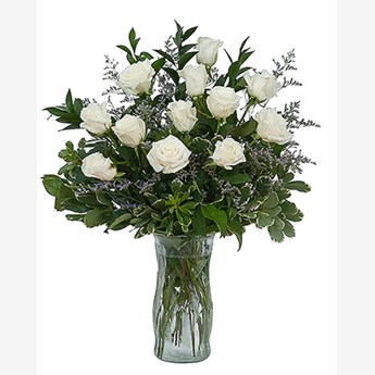 Vase with 10 Stems of White Roses & greens