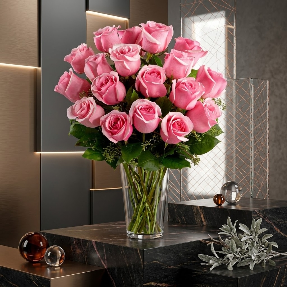 24 Pink Roses in a Vase
