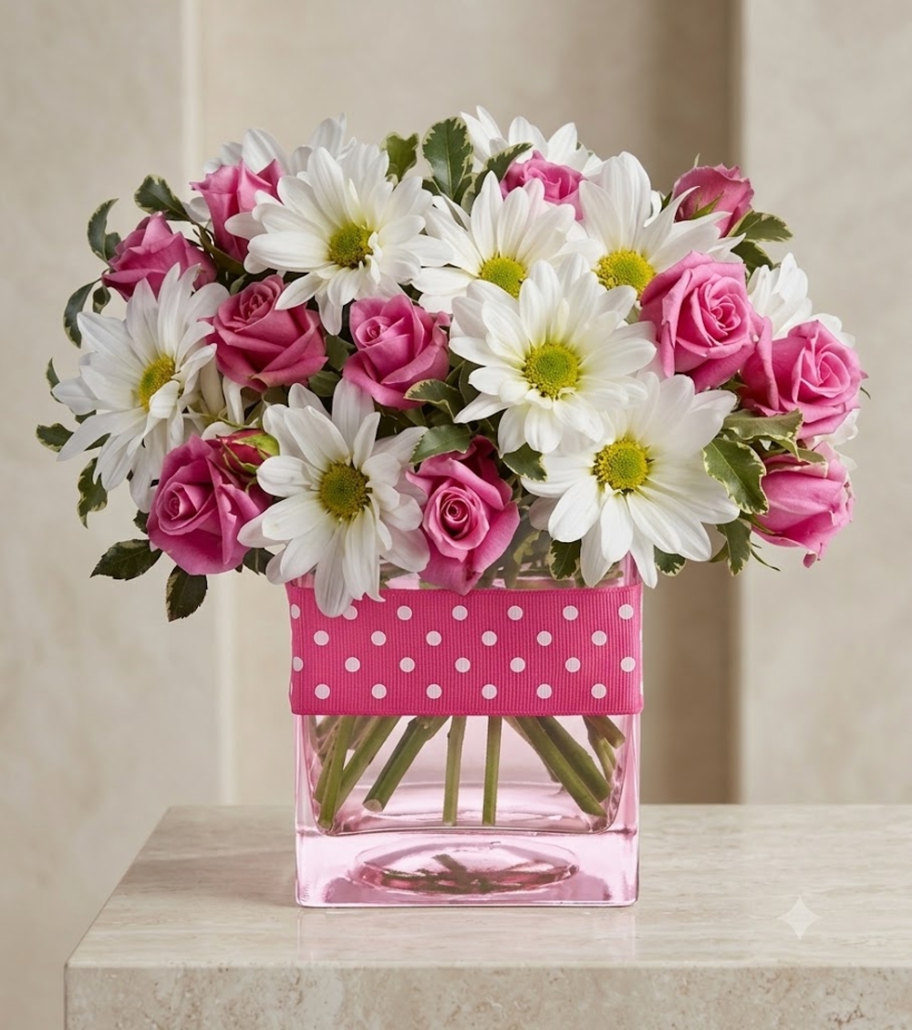 Pink Roses and White Daisies in a Vase