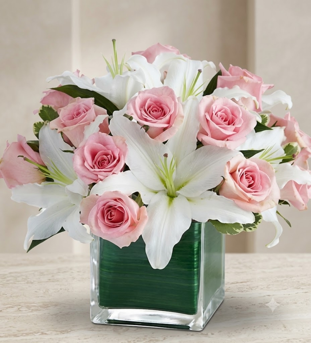 Pink Roses and White Lilies Vase Arrangement
