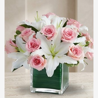 Pink Roses and White Lilies Vase Arrangement