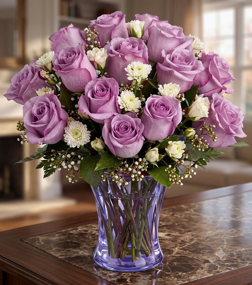 15 Purple Roses in a Vase