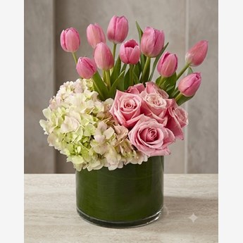 Pink Tulips, Roses and Hydrangea Vase