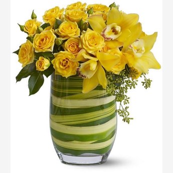Vase with 15 Stems of Yellow Roses & Cymbidium Orchids