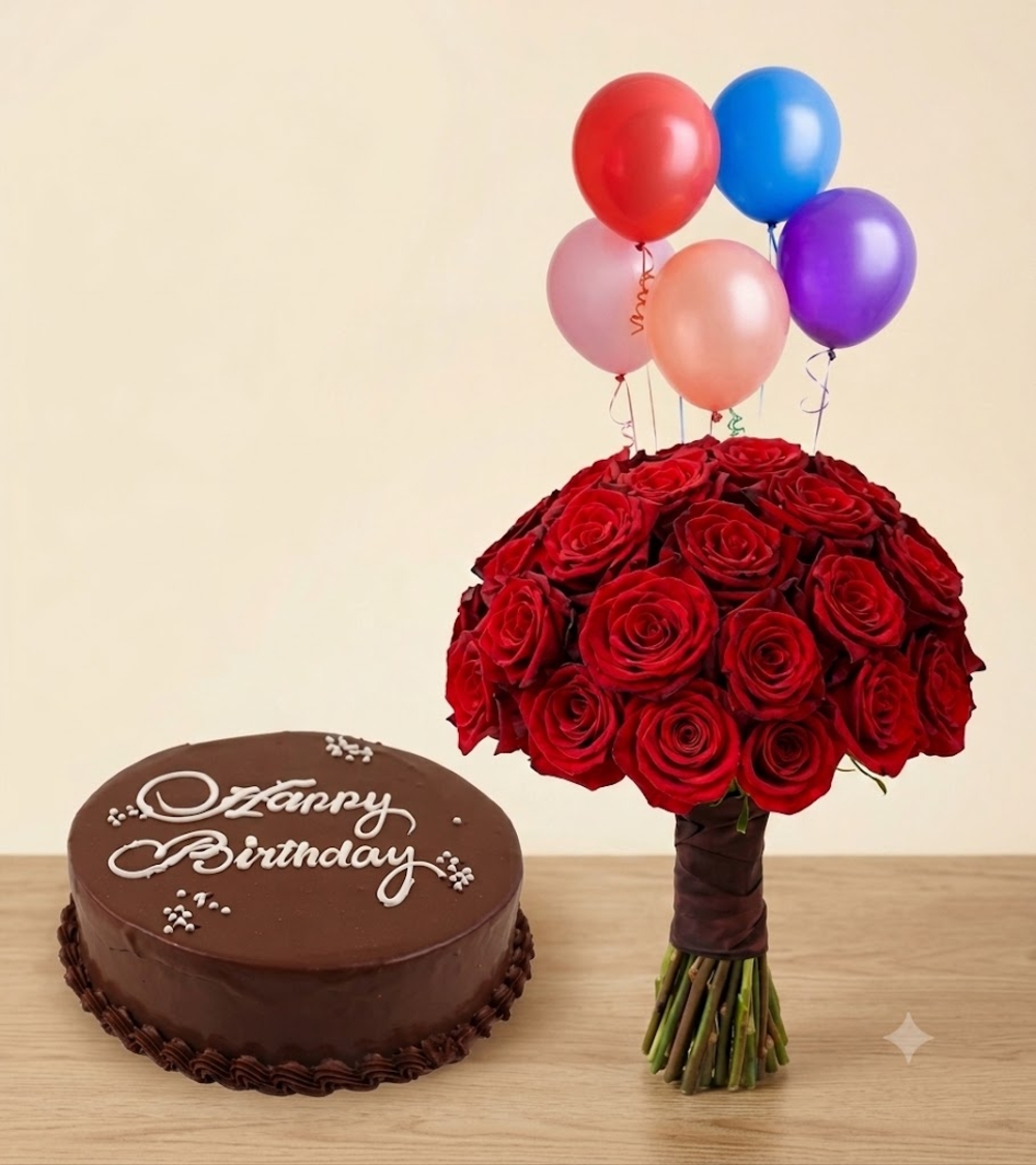 Red Roses, Chocolate Cake and Balloons Birthday Combo