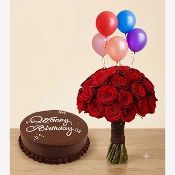 Red Roses, Chocolate Cake and Balloons Birthday Combo