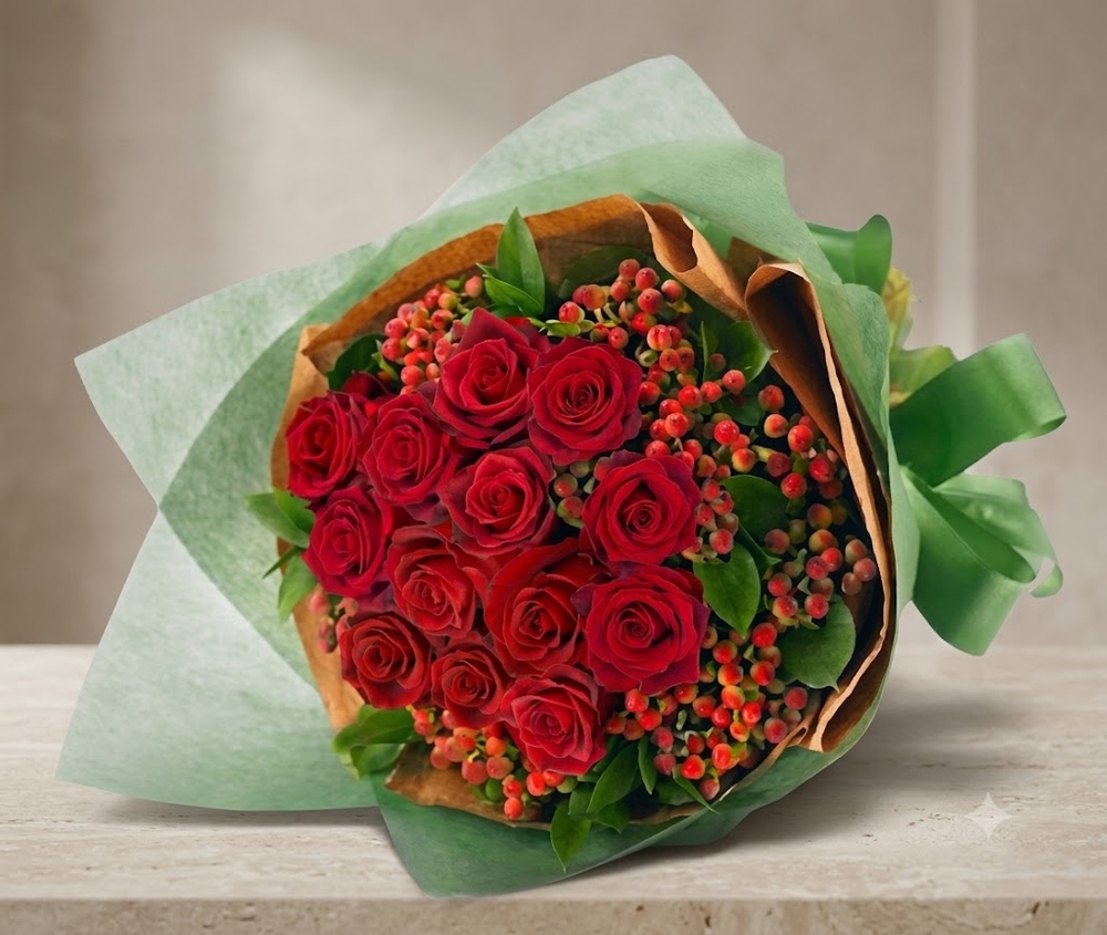 Red Roses with Hypericum Berry Bouquet