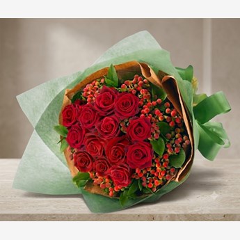 Red Roses with Hypericum Berry Bouquet