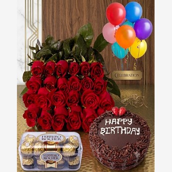 Red Roses, Cake and Ferrero Rocher Birthday Combo