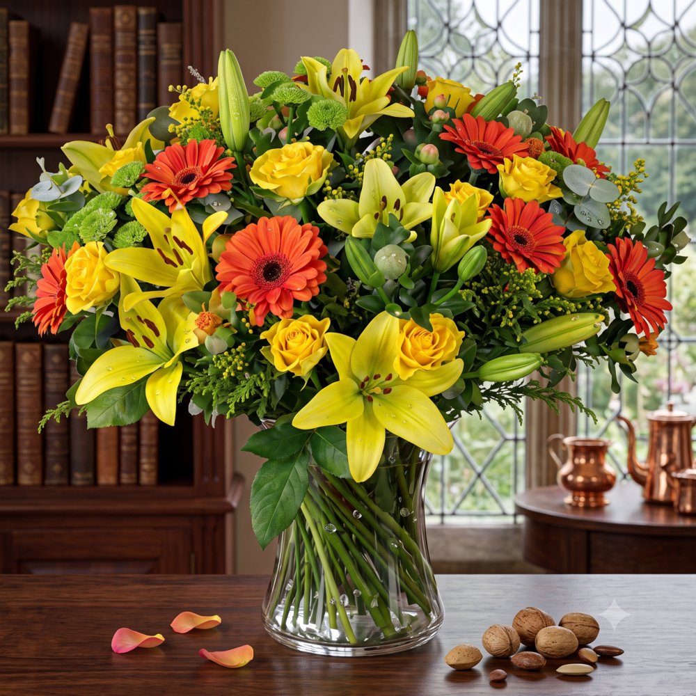 Vase with Yellow Roses , Orange Gerberas & Yellow Lilies