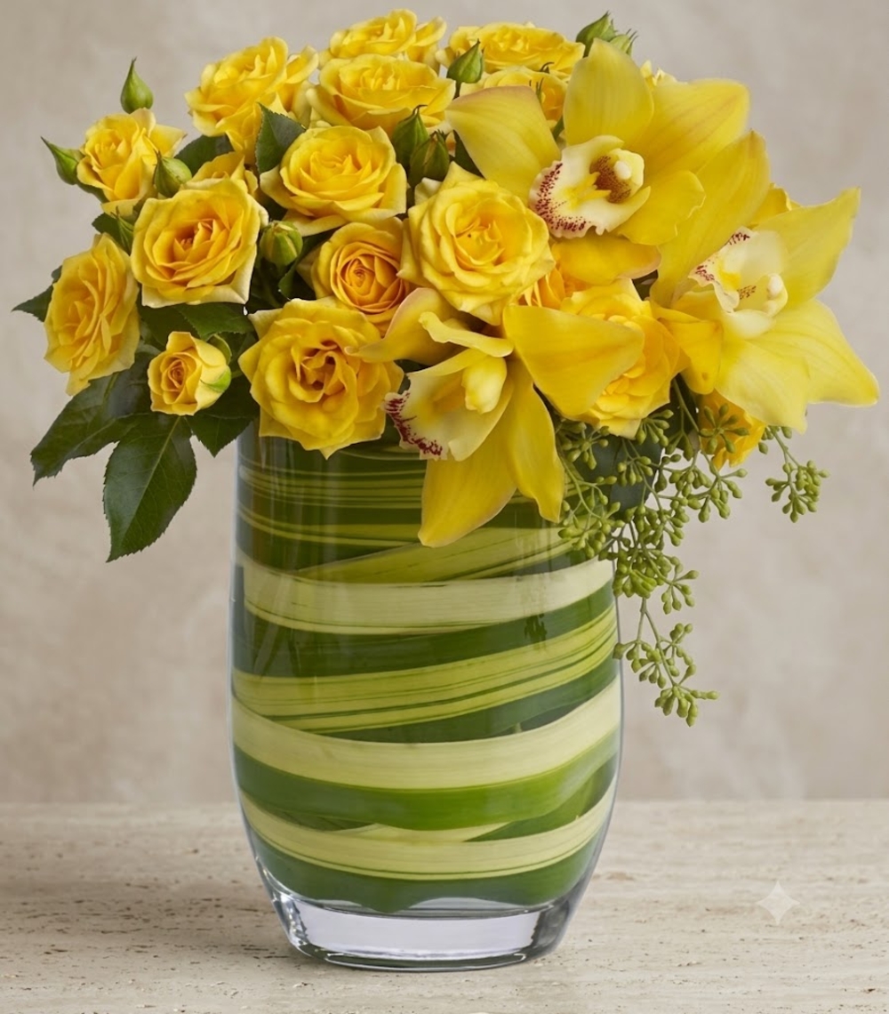 Yellow Roses and Orchids in Green Vase