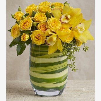 Yellow Roses and Orchids in Green Vase
