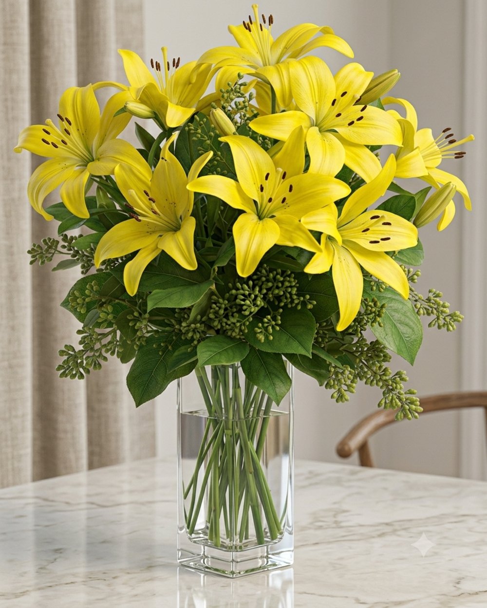 Vase with 5 Stems of Yellow Lilies