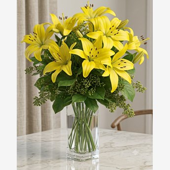 Vase with 5 Stems of Yellow Lilies