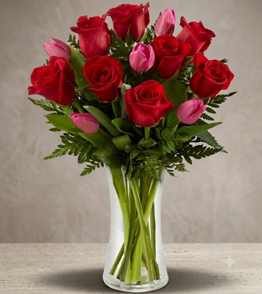Red Roses and Pink Tulips Vase