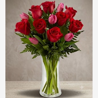 Red Roses and Pink Tulips Vase