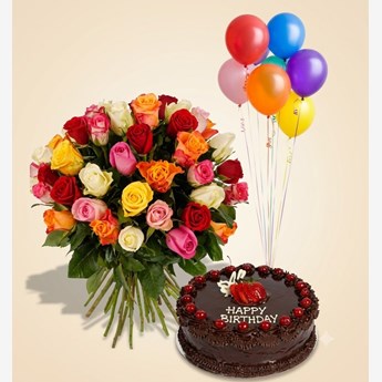 Roses, Cake, and Balloons Combo