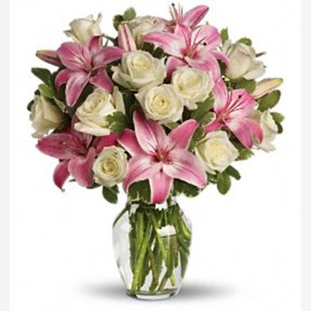 Vase with 5 Stems of Pink Lilies & 12 Stems of White White Roses With Greens