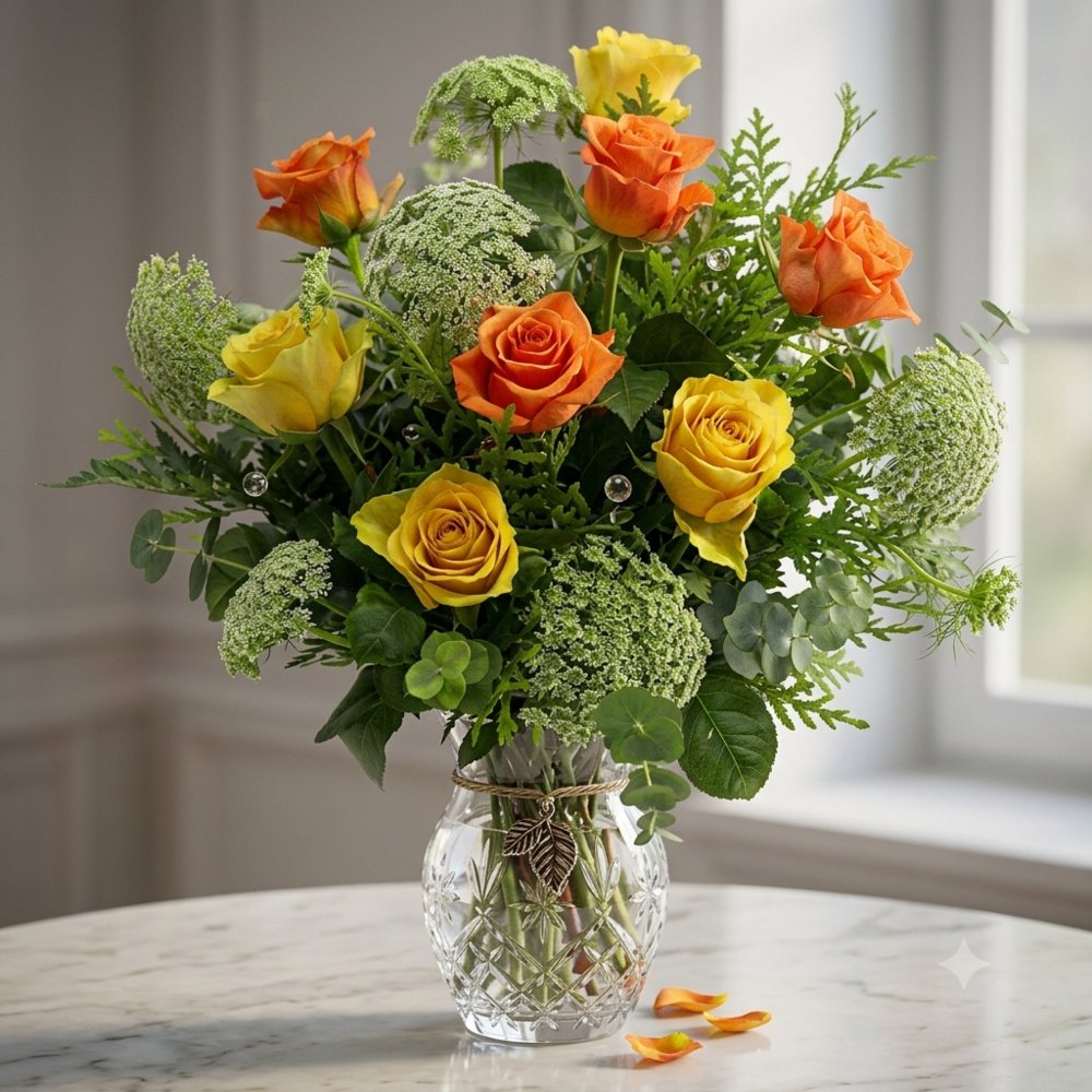 Vase with 10 Stems of Orange & Yellow Roses with Lady Lace
