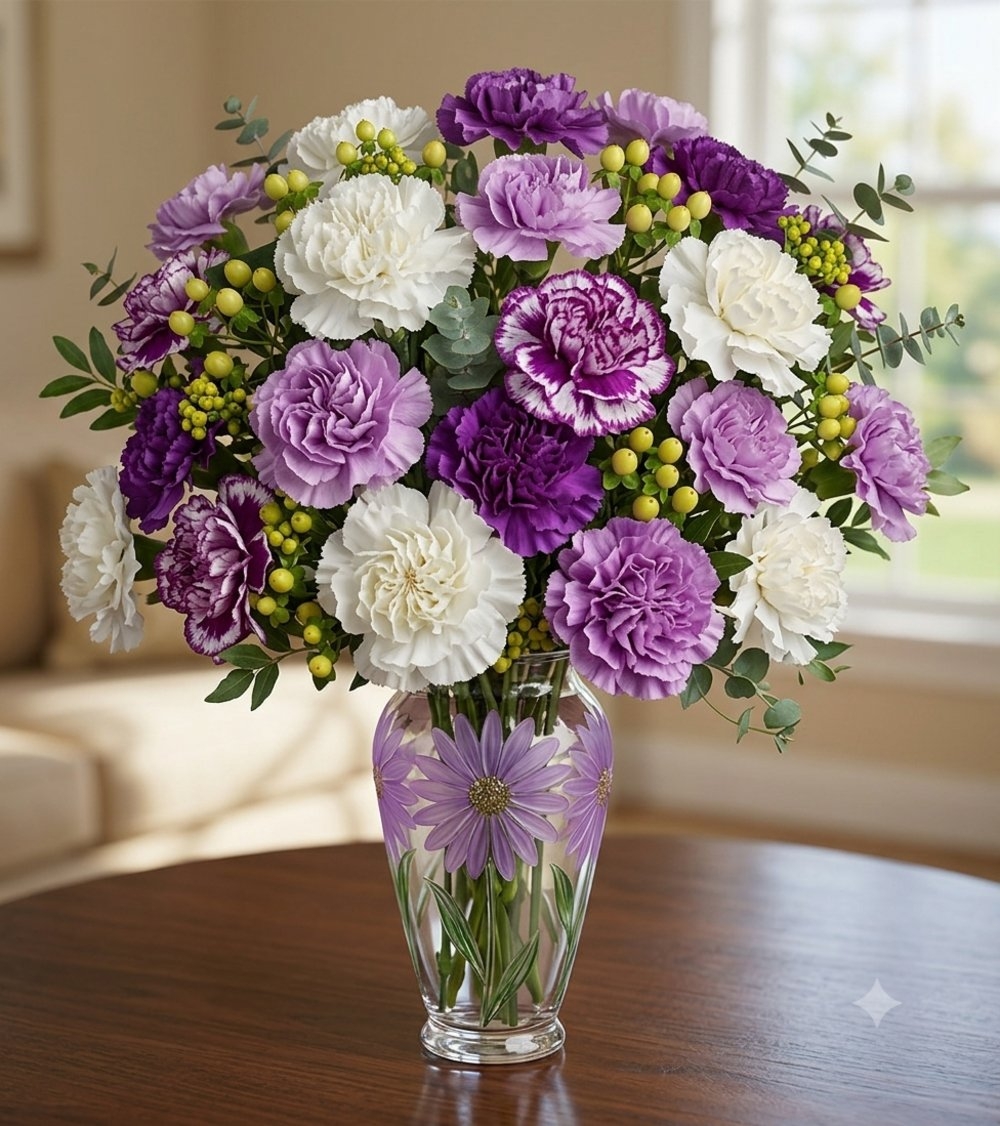 White and Purple Carnations Mini Vase