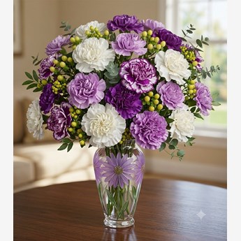 White and Purple Carnations Mini Vase