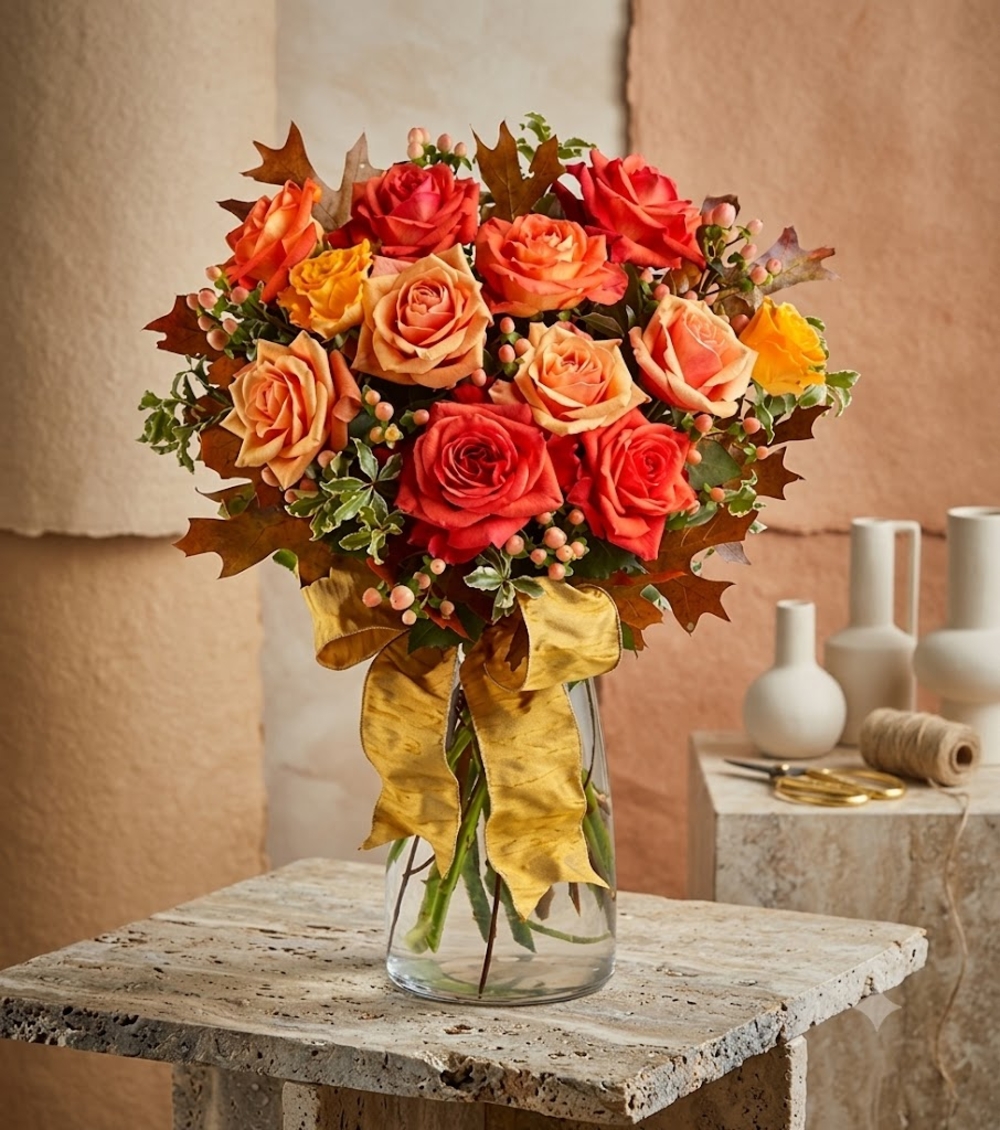Red Yellow Orange Roses in Vase