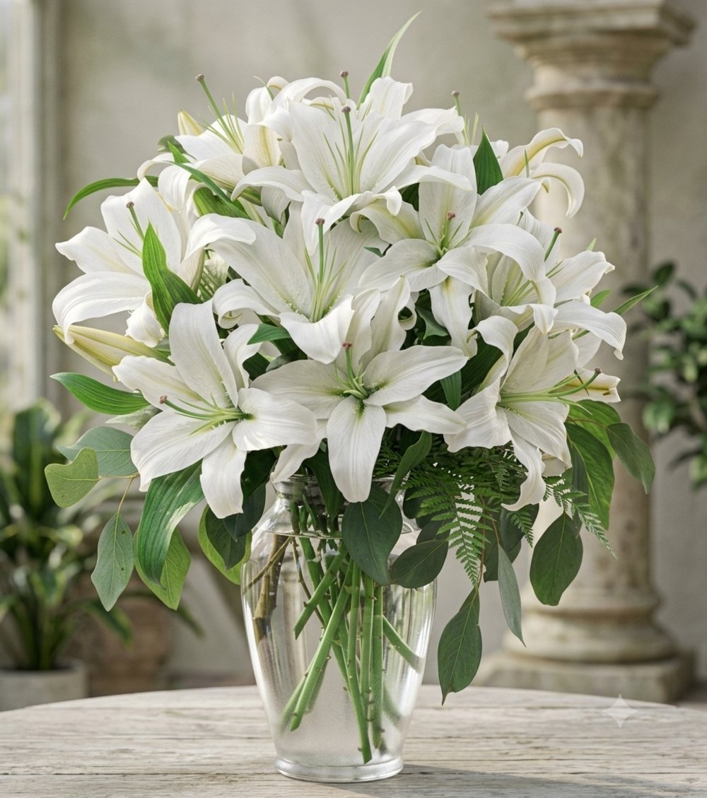 5 Stems of White Oriental Lilies in Vase