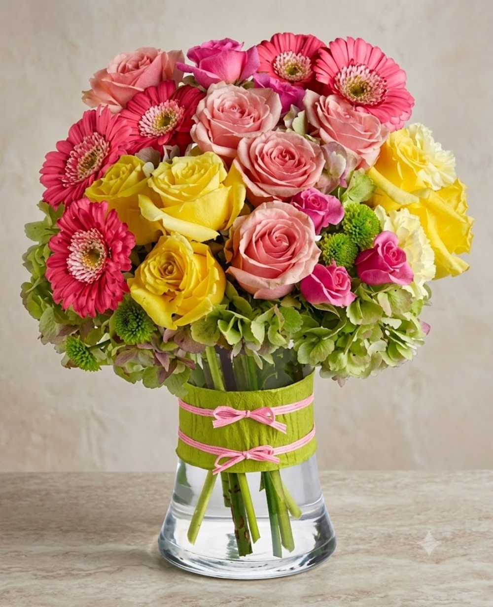 Pink, Yellow and Green Mixed Flower Vase