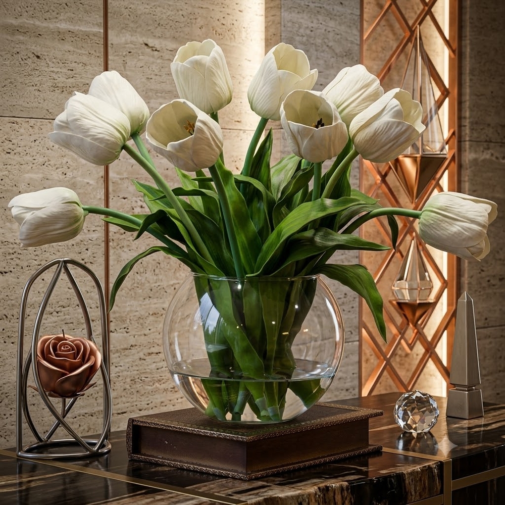 Vase with 10 Stems of White Pretty Tulips
