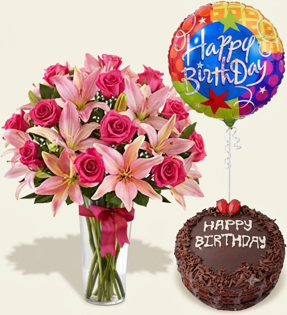 Pink Roses, Lilies, Cake and Birthday Balloon Gift Set