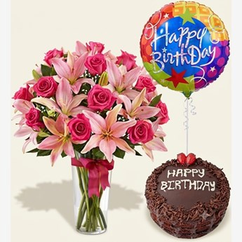 Pink Roses, Lilies, Cake and Birthday Balloon Gift Set