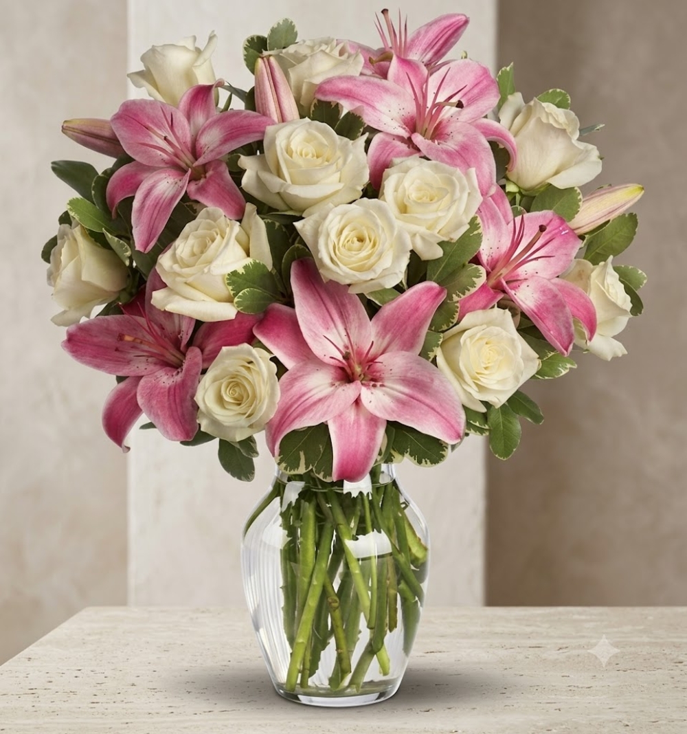 Pink Lily and White Rose Bouquet