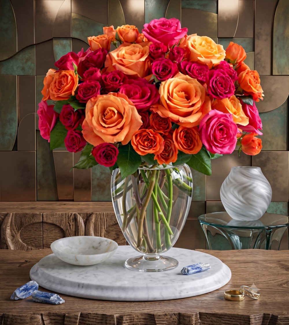 60 Orange and Pink Roses in a Vase