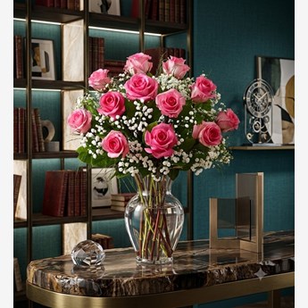 Pink Roses with Baby’s Breath in Vase