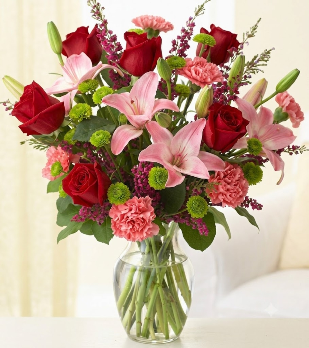 Pink Roses and Lilies Vase