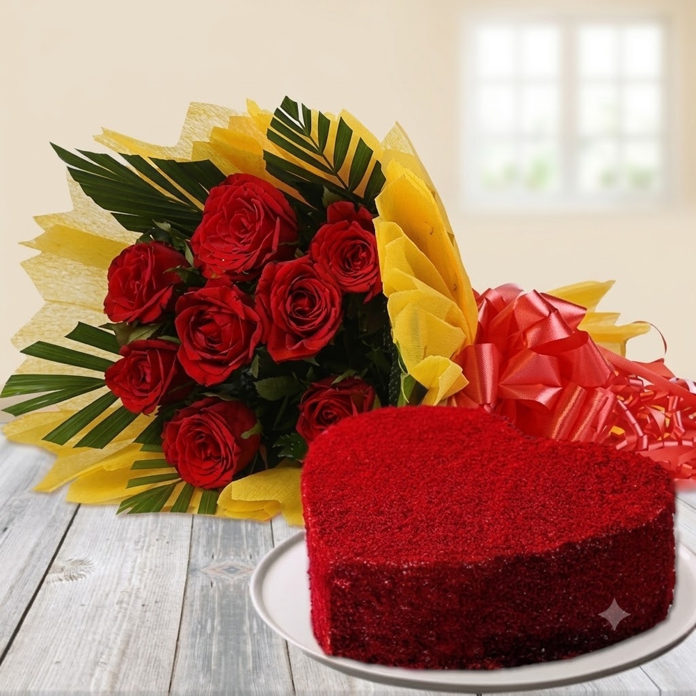 Red Roses with Red Velvet Heart Cake