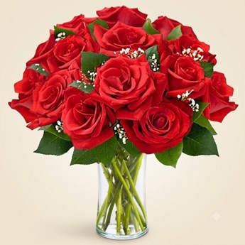 Red Roses with Baby's Breath Vase
