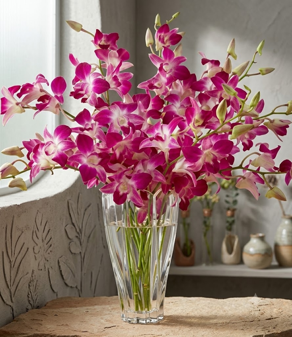 12 Purple Orchids in a Vase