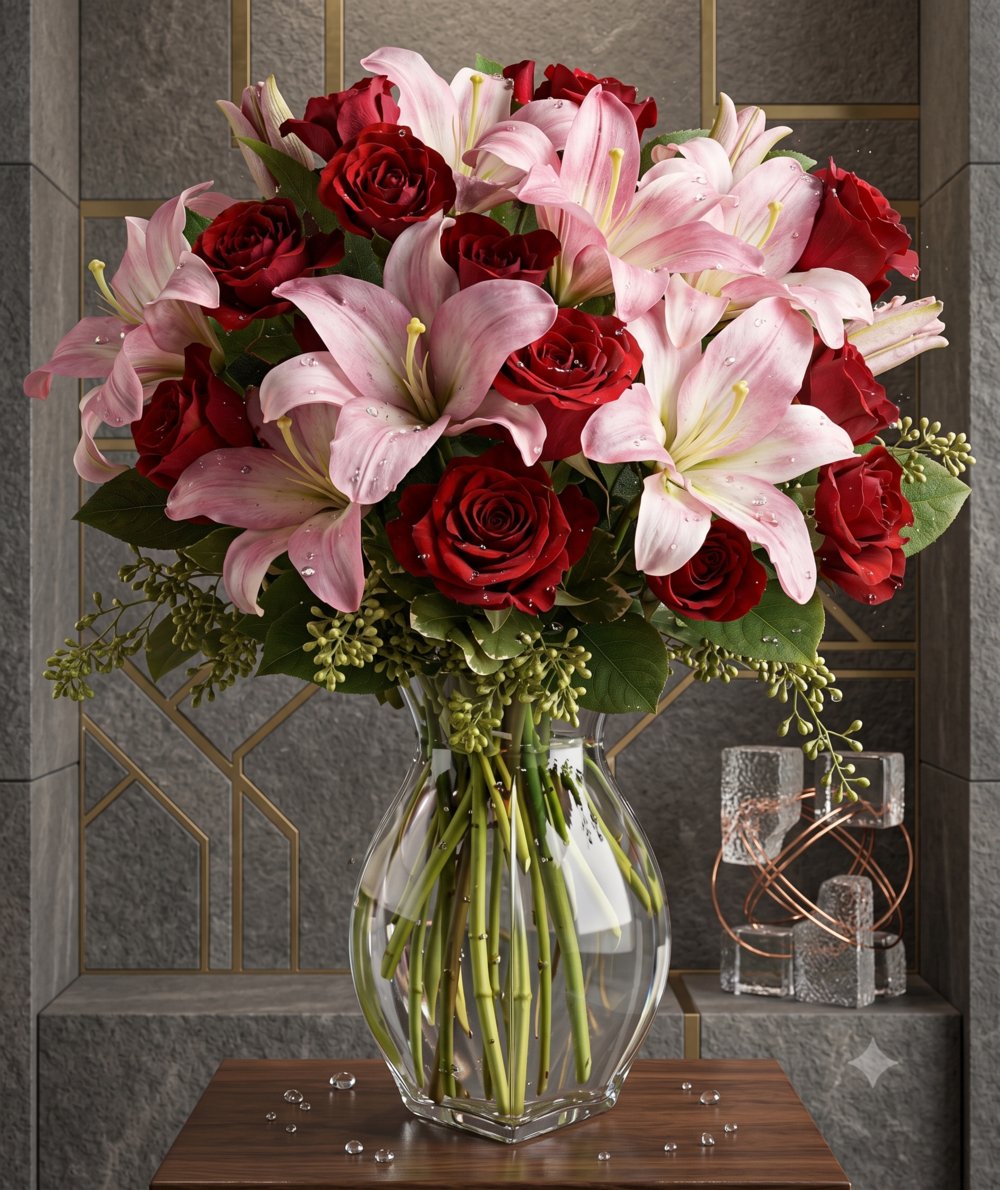Pink Lilies & Red Roses