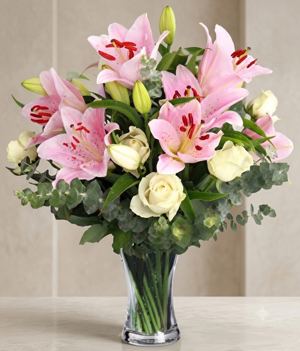 Pink Lilies and White Roses Bouquet