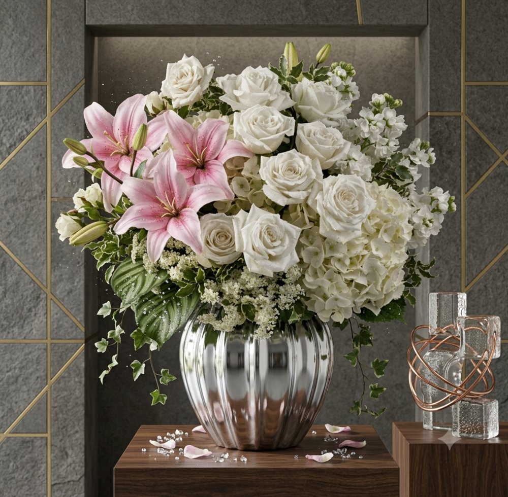 Vase with White Lilies, White Roses & Mixed White Flowers