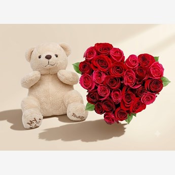 Red Roses Heart Bouquet with White Teddy Bear