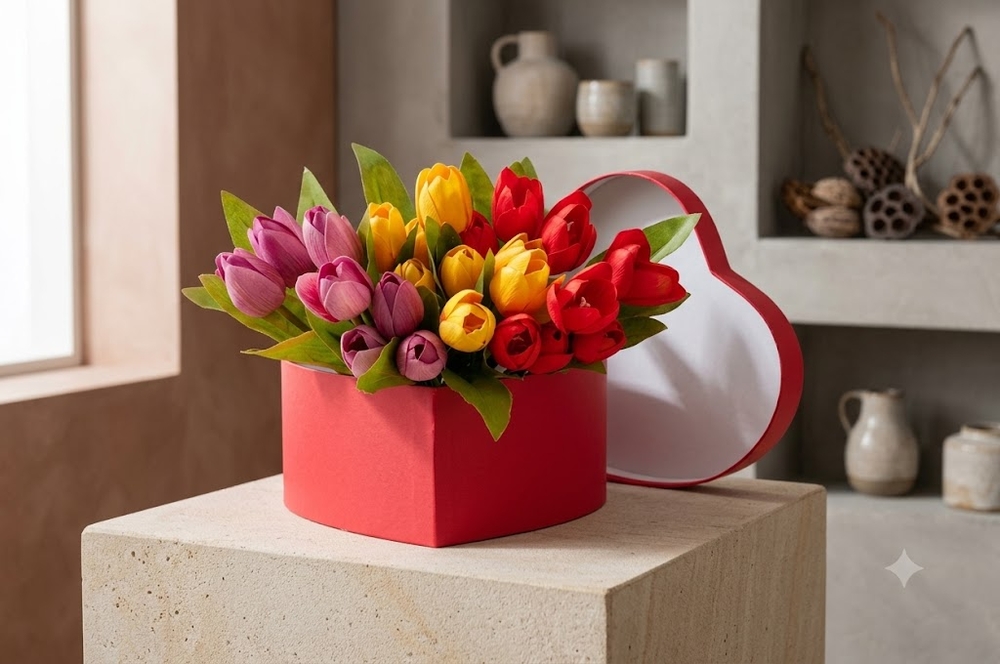 Mixed Color Tulips in Heart Box